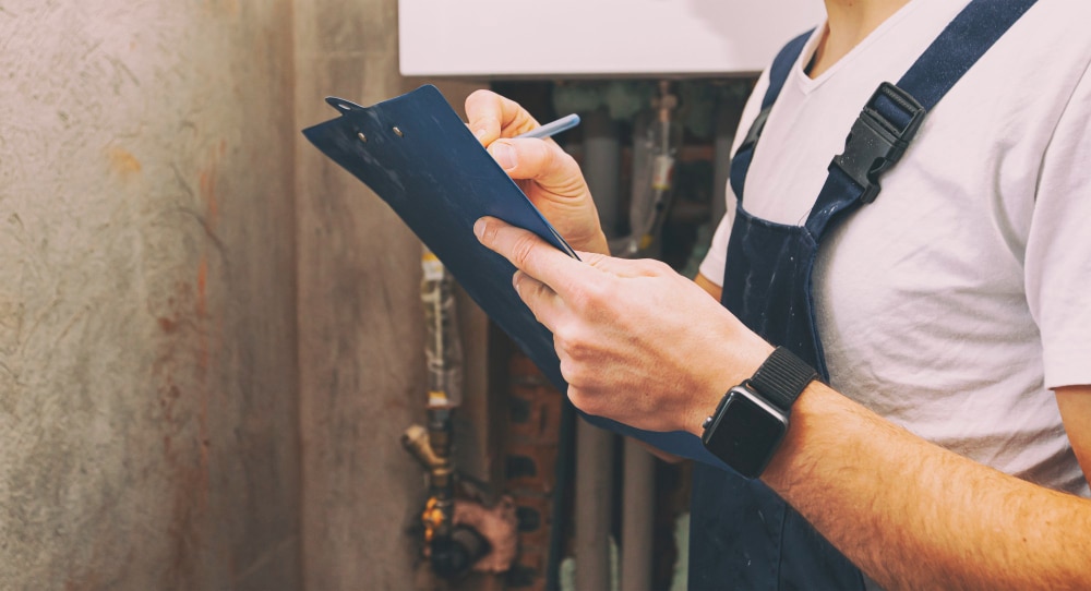 Technicien en tenue de travail notant des informations sur une tablette à pince, lors d’un contrôle préventif dans le cadre d’une gestion GMAO.
