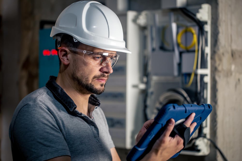 Technicien équipé d’un casque et lunettes de protection, utilisant une tablette pour contrôler une installation électrique dans le cadre de la maintenance préventive avec GMAO.