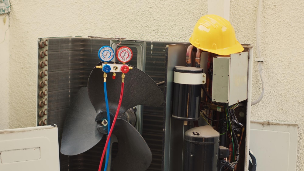 Unité extérieure de climatisation en maintenance, équipée d’un manomètre à double cadran relié par des tuyaux rouge et bleu, avec un casque de sécurité posé sur l’appareil. Illustration d’une intervention CVC suivie en GMAO.