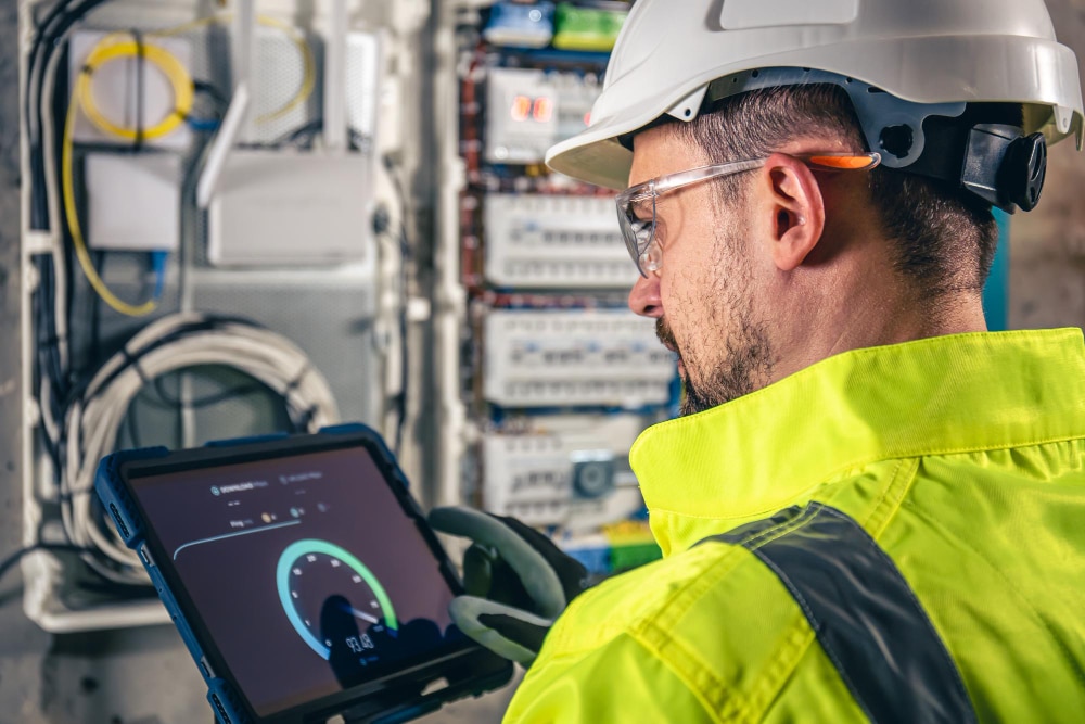 Technicien en gilet haute visibilité utilisant une tablette pour la maintenance prédictive sur un tableau électrique industriel