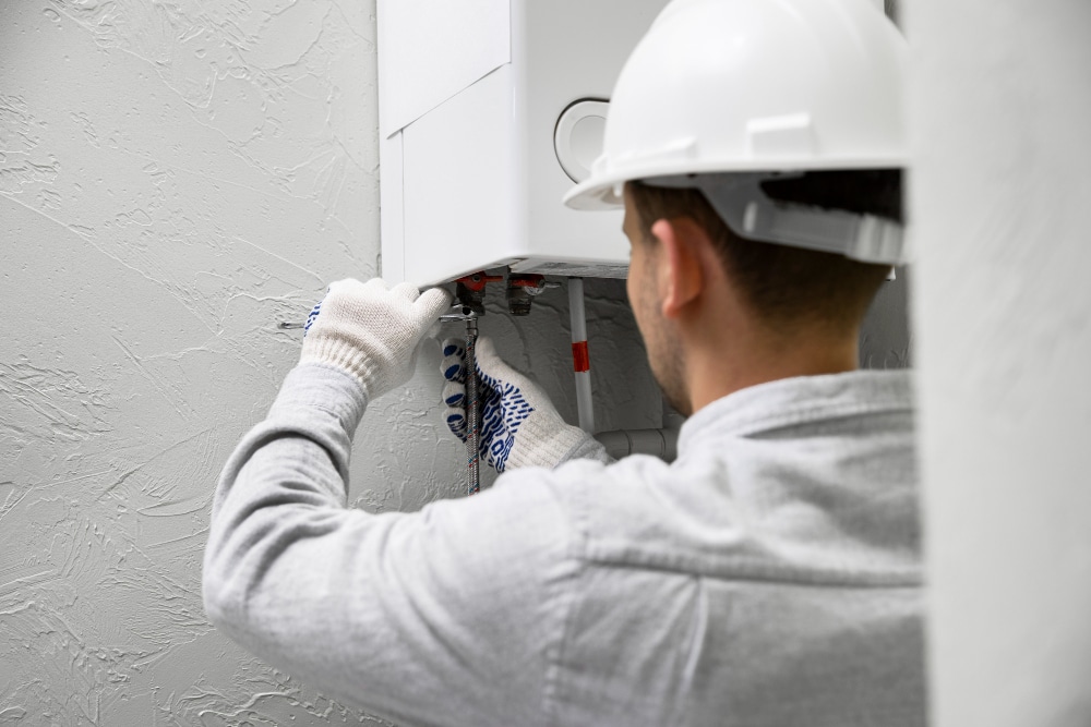 Technicien CVC portant un casque et des gants de protection, effectuant la maintenance d’une chaudière murale. Illustration d’une intervention de suivi et entretien via GMAO.