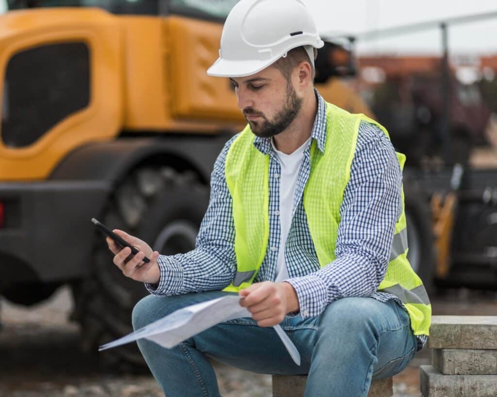 Agent municipal vérifiant le plan de voirie et enregistrant l’intervention sur smartphone