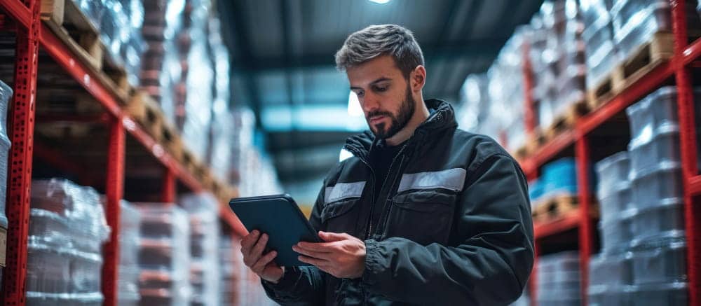 Employé dans un entrepôt remplissant un formulaire sur un clipboard ou une tablette devant des étagères.