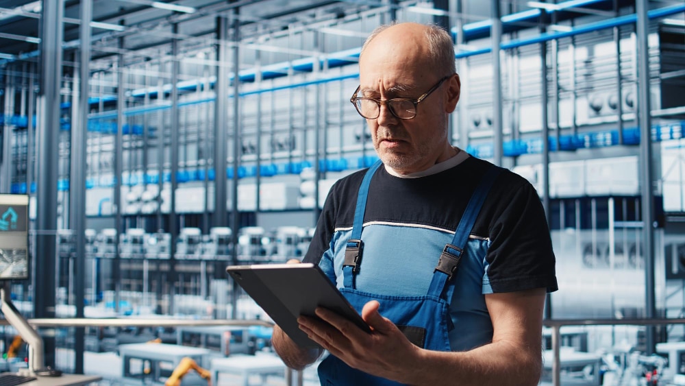 Ingénieur d’usine consulté un tableau de bord sur tablette pour surveiller des machines connectées.