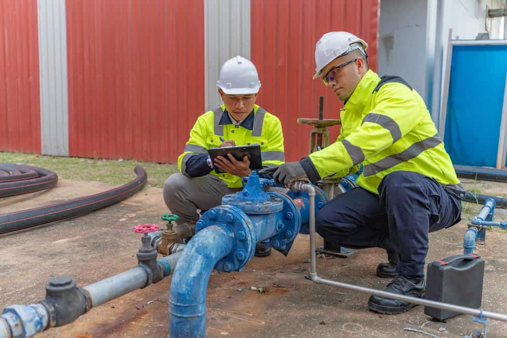 Deux ingénieurs en gilets réfléchissants travaillent sur une conduite d’eau ; l’un tient un appareil de mesure, l’autre actionne une vanne.