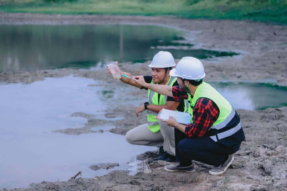 Deux ingénieurs environnementaux en gilets haute visibilité se tiennent sur le quai d’une station d’épuration et vérifient les installations.