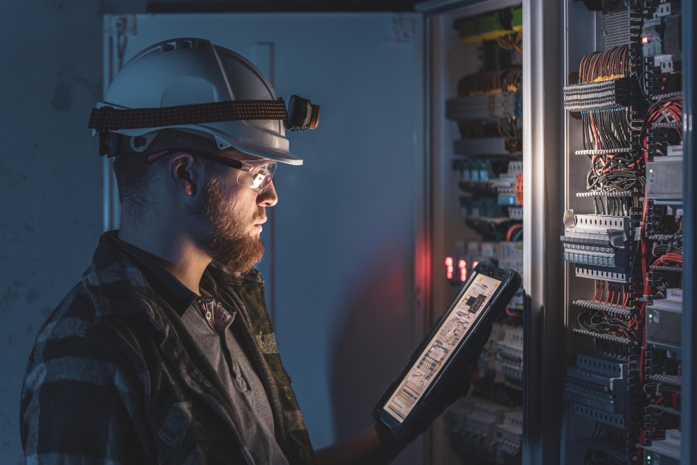 Technicien de maintenance consultant une tablette devant une armoire électrique, illustrant le pilotage des équipements via la GMAO