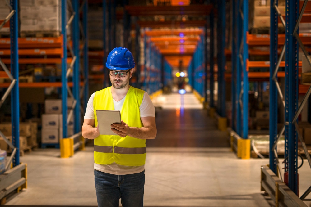 Magasinier consultant une tablette dans un entrepôt logistique, illustrant le suivi des équipements en intérieur