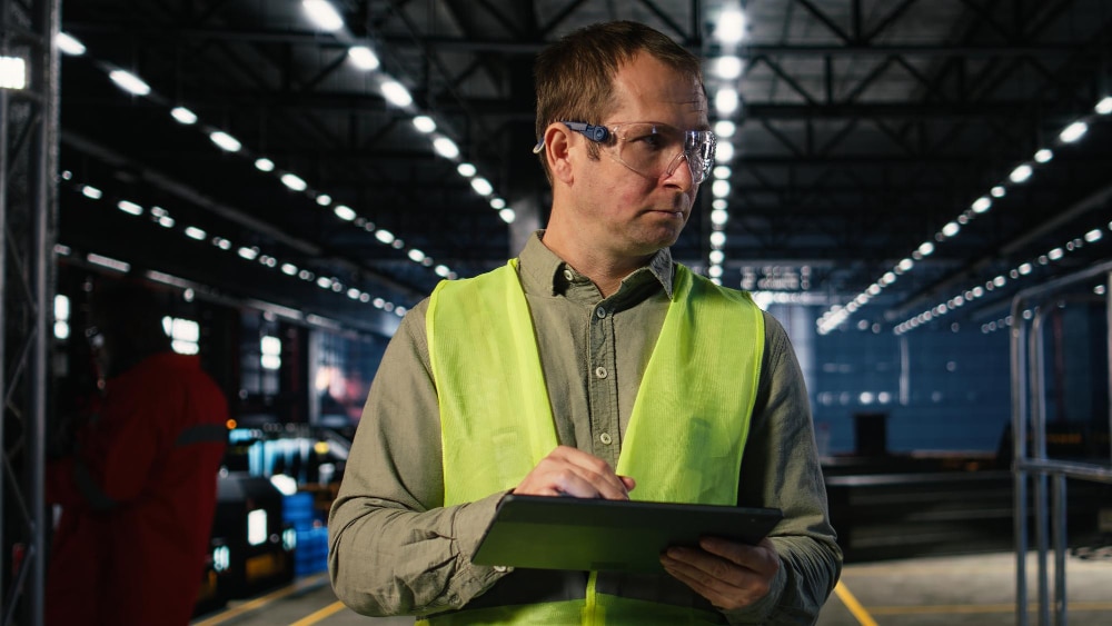 Technicien de maintenance supervisant une intervention sur tablette en environnement industriel